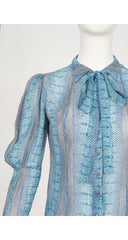 1970s Blue Snakeskin Print Silk Chiffon Juliet Sleeve Blouse