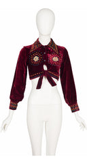 1970s Hand-Embroidered Burgundy Rayon Velvet Cropped Top