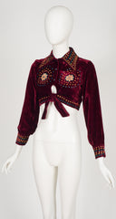 1970s Hand-Embroidered Burgundy Rayon Velvet Cropped Top