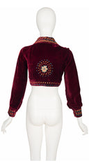 1970s Hand-Embroidered Burgundy Rayon Velvet Cropped Top