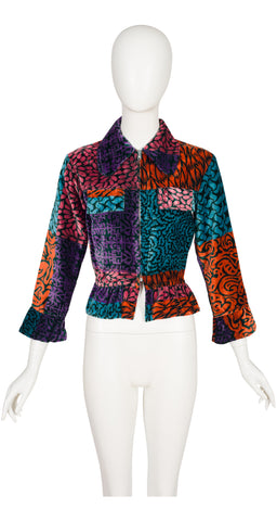 1970s Rhinestone Turtle Mixed Print Rayon Velvet Jacket