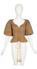 1977 S/S Khaki Cotton Puff Sleeve Lace-Up Corset Top