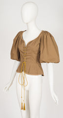 1977 S/S Khaki Cotton Puff Sleeve Lace-Up Corset Top