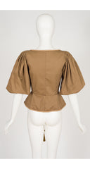 1977 S/S Khaki Cotton Puff Sleeve Lace-Up Corset Top