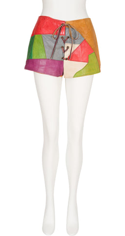 1970s Color Block Leather Patchwork Lace-Up Hot Pants