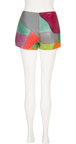 1970s Color Block Leather Patchwork Lace-Up Hot Pants