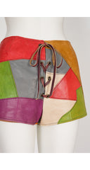 1970s Color Block Leather Patchwork Lace-Up Hot Pants