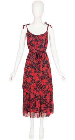 1970s Floral Black & Red Chiffon Tiered Midi Dress