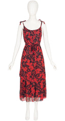 1970s Floral Black & Red Chiffon Tiered Midi Dress