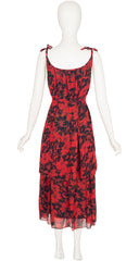 1970s Floral Black & Red Chiffon Tiered Midi Dress