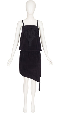 1980s Black Suede Tassel Asymmetrical Blouson Dress