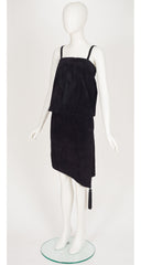 1980s Black Suede Tassel Asymmetrical Blouson Dress