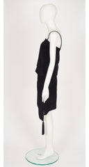 1980s Black Suede Tassel Asymmetrical Blouson Dress