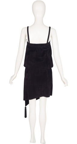 1980s Black Suede Tassel Asymmetrical Blouson Dress