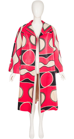 1990s Pink Geometric Print Collared Swing Overcoat