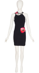 1990s Sequin Floral Black Wool Jersey Cocktail Dress