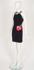 1990s Sequin Floral Black Wool Jersey Cocktail Dress