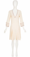 2003 Cream Silk Pleated Plunge Neck Dress