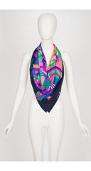 1990s Floral Fan Print Navy Silk Scarf