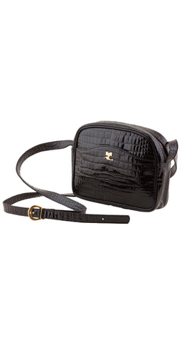 1970s Black Croc Embossed Patent Leather Crossbody Bag