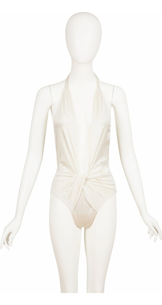 1980s Yves Saint Laurent Size 8 Plunging Halter One Piece 80s