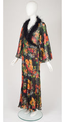 2013 F/W Ostrich Feather Trim Floral Silk Chiffon Peignoir