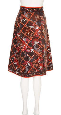 1970s Floral Print Brown Cotton Velvet Wrap Skirt