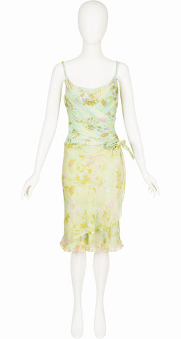 2000s Floral Pastel Green Bustier & Silk Skirt Set