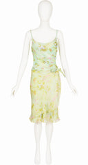 2000s Floral Pastel Green Bustier & Silk Skirt Set