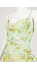 2000s Floral Pastel Green Bustier & Silk Skirt Set