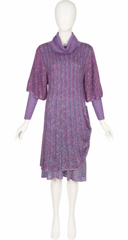 1970s Purple Mixed Knit Cowl Neck Dress