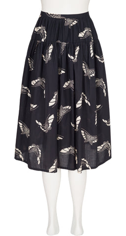 1970s Butterfly Print Black Cotton Midi Skirt