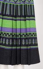 1970s Feather Geometric Print Black Wool Jersey Pleated Skirt