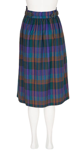 1980s Leather Cummerbund Plaid Wool Skirt