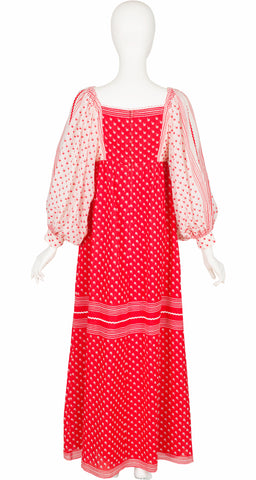 1970s Red & White Voile Balloon Sleeve Maxi Dress