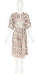 1970s Floral Bird Print Indian Tissue Silk Dress