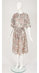 1970s Floral Bird Print Indian Tissue Silk Dress