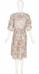 1970s Floral Bird Print Indian Tissue Silk Dress