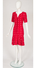 1990s Heart Print Red Crepe Drop-Waist Dress