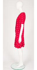 1990s Heart Print Red Crepe Drop-Waist Dress