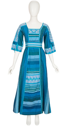 1970s Embroidered Striped Blue Cotton Caftan Maxi Dress