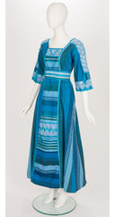 1970s Embroidered Striped Blue Cotton Caftan Maxi Dress