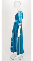 1970s Embroidered Striped Blue Cotton Caftan Maxi Dress