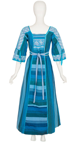 1970s Embroidered Striped Blue Cotton Caftan Maxi Dress