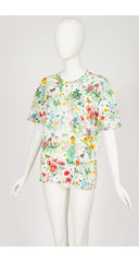 1970s "Flora" Print White Cotton Crew Neck T-Shirt