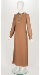 1960s Embellished Brown Chiffon Evening Gown