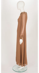 1960s Embellished Brown Chiffon Evening Gown