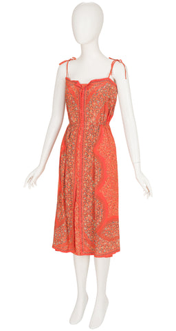 1970s Floral Orange Silk Dress & Shrug Set