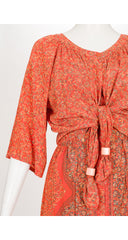 1970s Floral Orange Silk Dress & Shrug Set