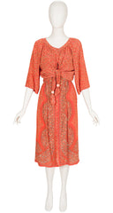 1970s Floral Orange Silk Dress & Shrug Set